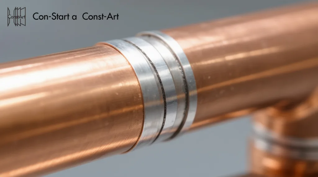 Una fotografía macro detallada de una unión por soldadura fuerte perfectamente ejecutada en un tubo de cobre para HVAC. La costura está limpia, es lisa y no muestra signos de sobrecalentamiento u oxidación negra, representando una mano de obra experta. 