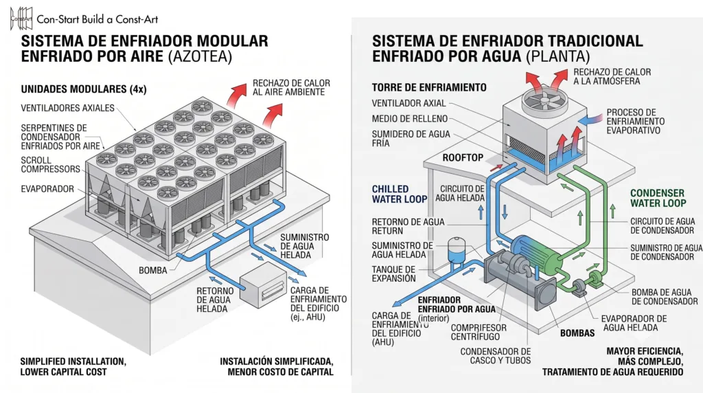 Diagrama comparativo 3D entre chiller modular enfriado por aire y chiller centrífugo enfriado por agua para climas áridos