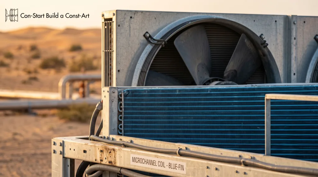Serpentín microcanal de alta eficiencia en forma de V en chiller enfriado por aire operando a 48C de temperatura ambiente